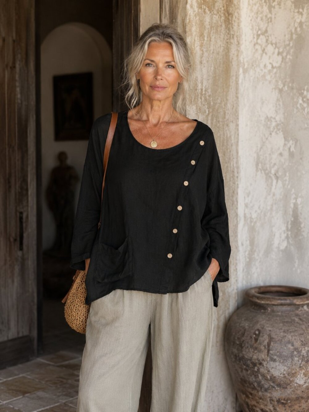 PURE VENICE Black Button Front Linen Blouse Lagenlook Art to Wear Euro Chic M